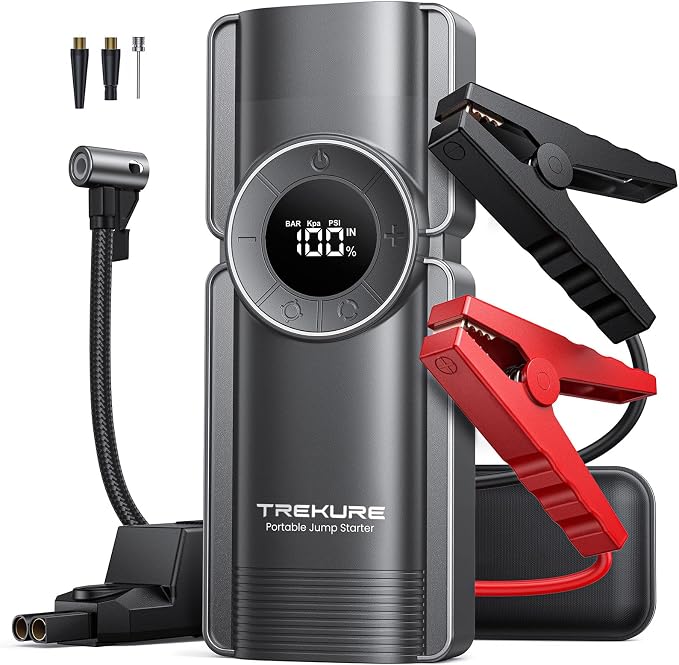 TREKURE Portable Car Jump Starter with Air Compressor, 150PSI 7000A Car Battery Jump Starter Battery Pack (9L Gas/8L Diesel), Safe Jumper Starter Portable Jump Box with Display, Emergency Light