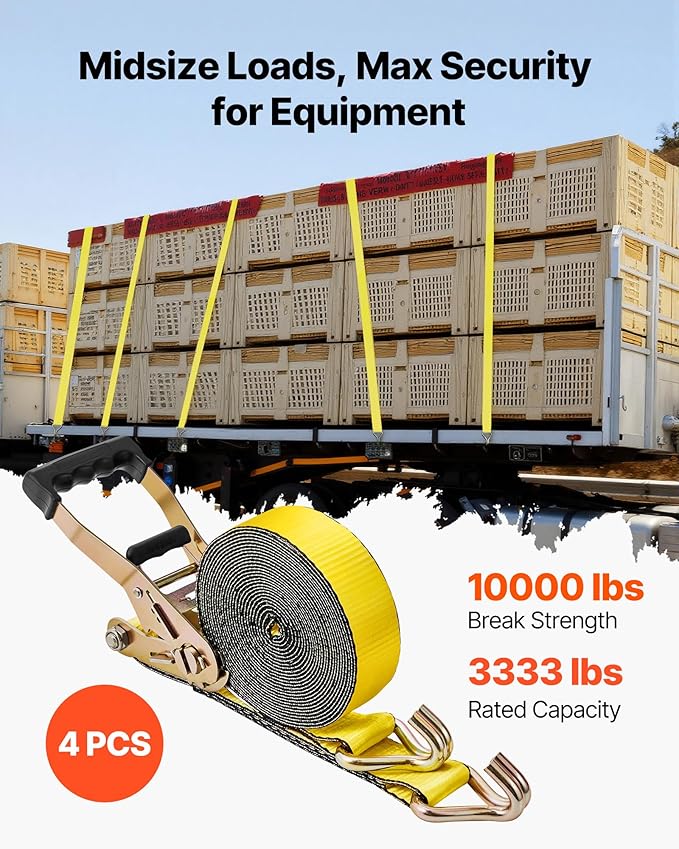 VEVOR Ratchet Tie Down Straps (4-Pack), 10000 lb Break Strength, Heavy Duty Double J Hooks, 2" x 27' with Padded Handles - Ideal for Moving, Securing Cargo, Appliances, Lawn Equipment, and More