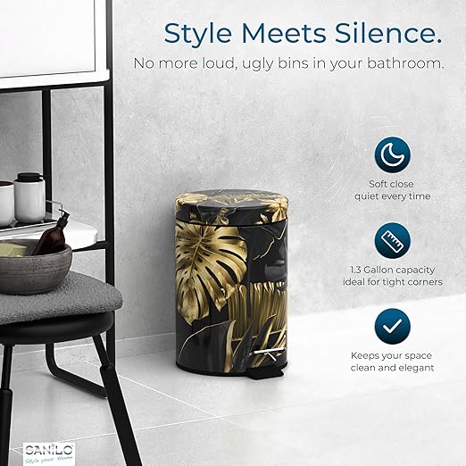 Sanilo Small Bathroom Trash Can with Lid [1.3 Gallon] - Lidded Tiny Trashcan for Garbage - Mini Metal Bin with Soft Closing Mechanism - Bath Room Accessoire Wastebin with Inner Bucket (Golden Leaves)