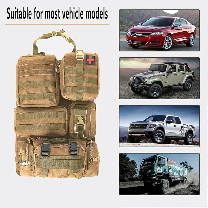 tactical car seat back organizer and storage truck seat covers with a Molle Vehicle Panel and 5 Different Size Molle Pouches for most models such as Jeep,SUV,Pickup(Khaki)