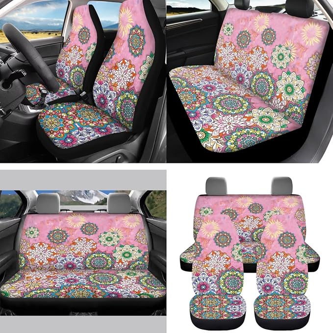 Pink Mandala Car Accessories Auto Seat Covers Full Set of 15 with Steering Wheel Cover, Seat Belt Pads, Trash Can, Coaster, Rearview Mirror Cover, Keychains for SUV Van