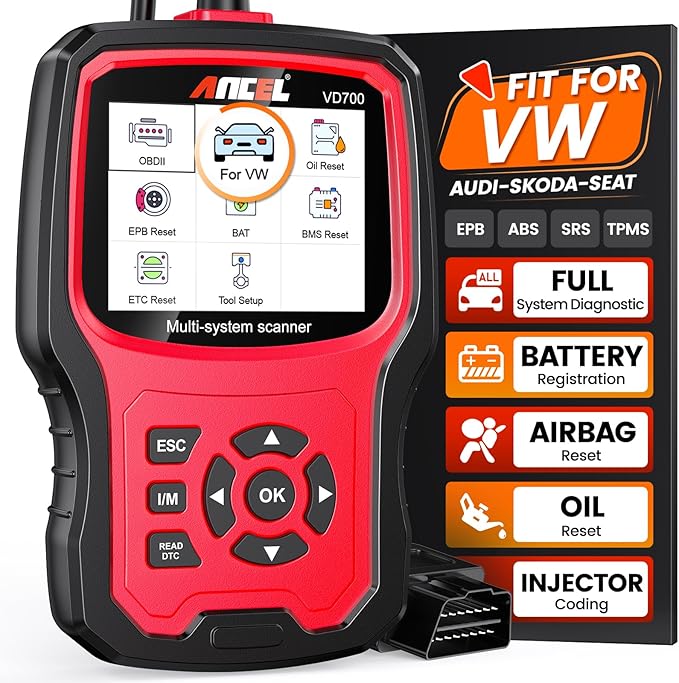 ANCEL VD700 OBD2 Diagnostic Code Reader Scan Tool Fit for Volkswagen Audi VW Skoda Seat, All Functions OBD11 Scanner for VAG Vehicles with Battery Registration EPB Reset (Upgraded VD500)