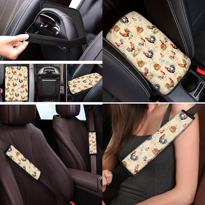 Mumeson Vintage Rooster Car Accessories Full Set of 8pcs Car Seat Covers with Seat Belt Pads, Steering Wheel Cover, Car Armrest Cushion Auto Interior Protector Covers Decor