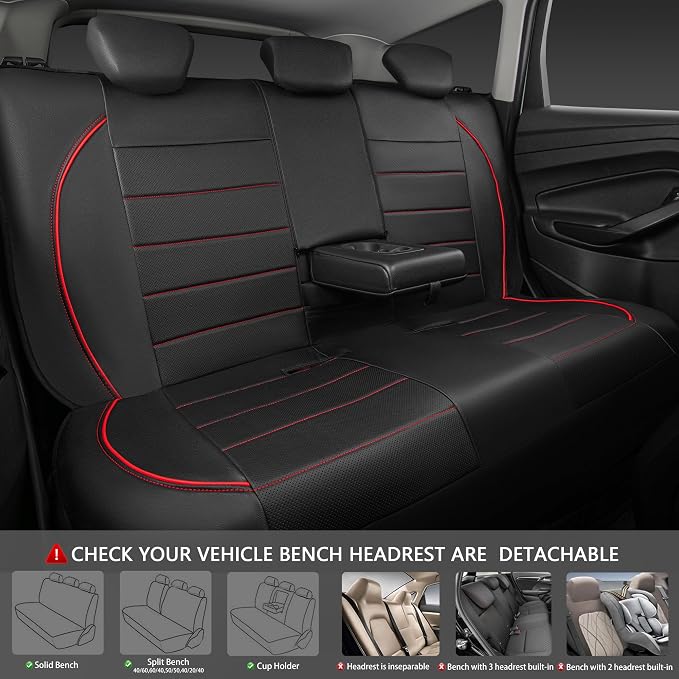CAR PASS 3 Row Car Seat Covers, Piping Leather Seat Cover with 7 Headrests, Universal Fit Seat Cover Set for Cars Trucks SUV Van Airbag Compatible,7 Passenger Seat Covers Full Set (Black and Red)