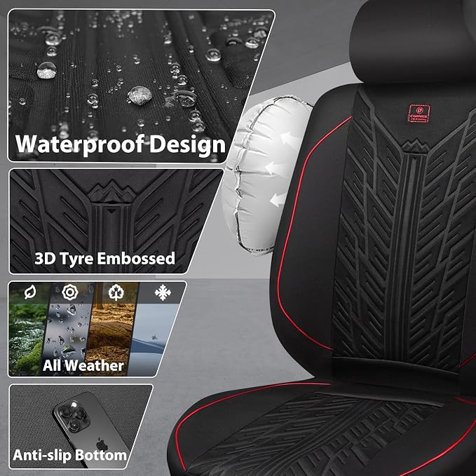 CAR PASS Waterproof Front Car Seat Covers,3D Tire Pattern Neoprene Seat Covers,Heavy Duty Rubber Floor Mats 3-Piece, Universal MXL Size Trim-to-Fit Automotive Floor Mats for Truck Van SUV