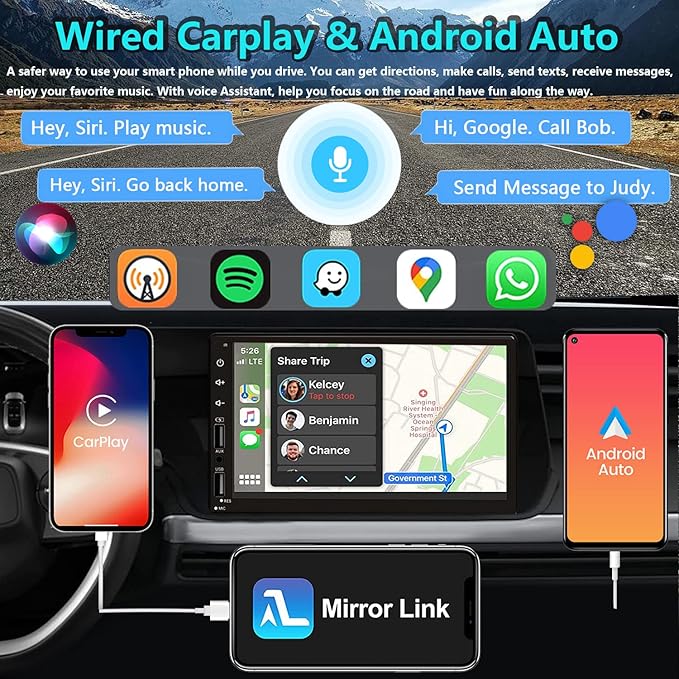 Leadfan Double Din Car Stereo with Dash Cam, Support Apple Carplay and Android Auto, 7INCH Full HD Touchscreen Car Audio Receivers Double Din Radio with Bluetooth, Camera, FM/2 USB/AUX/Subwoofer/SWC