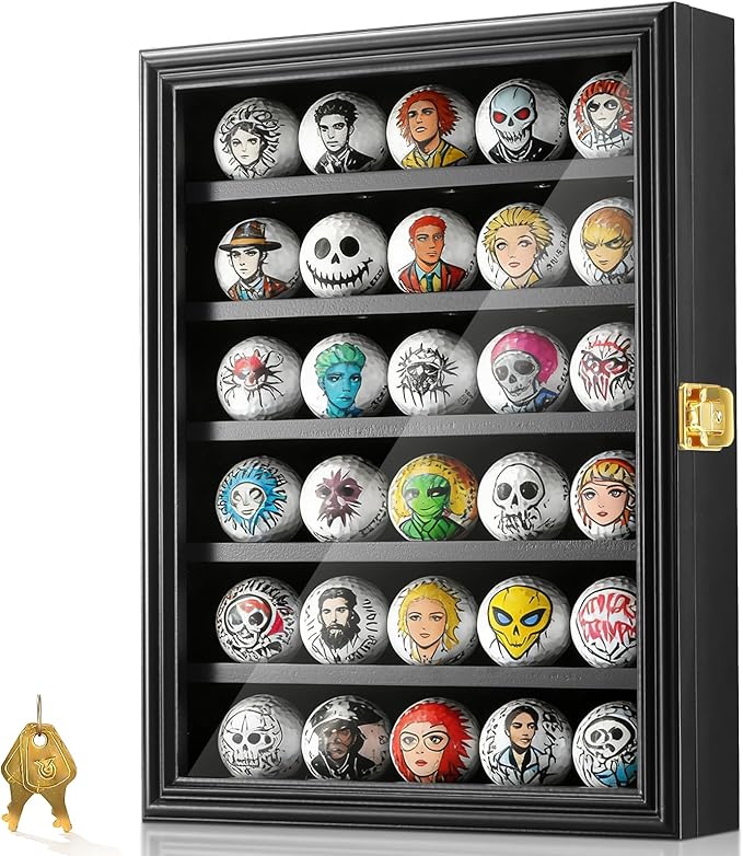 JupDec Golf Ball Display Case Frame for 30 Balls, Dustproof Solid Wood Holder Box with Unobstructed Clear View, Velvet Lined Cabinet with Removable Shelves, Ideal Gift for Golf Fans