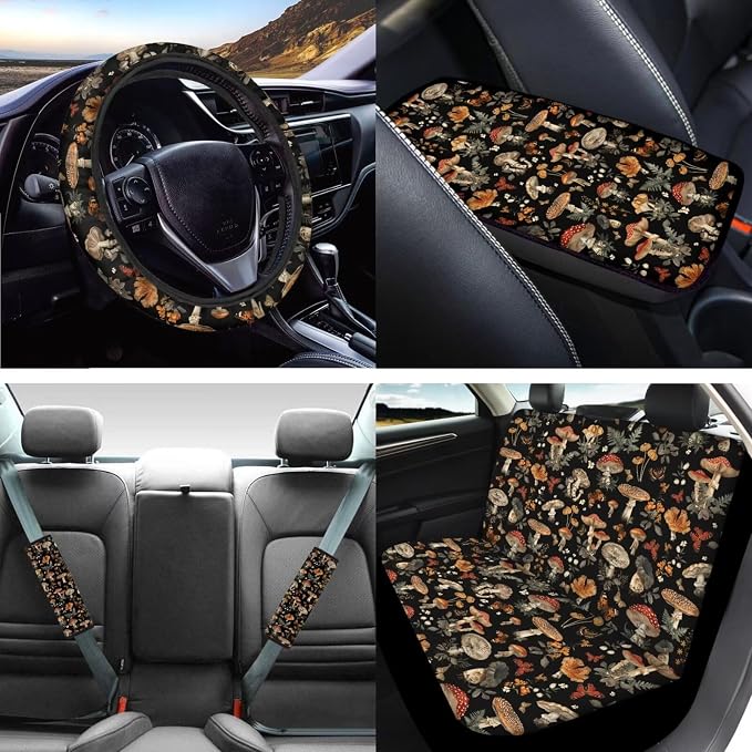 Mumeson Mushrooms Print Car Seats Seat Covers with Universal 15inch Car Steering Wheel Cover Car Armrest Seat Box Cover Auto Seatbelt Covers Shoulder Pad 8 Pack Set Car Accessories