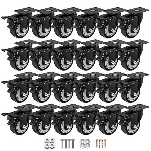 3" Heavy Duty Plate Casters, 1000 Lbs Dual Brake - Set of 24 | Black 1000 Lbs per 4 casters. 360° Swivel. Dual lock. PU won't mark floors. For workbench, furniture, cart.