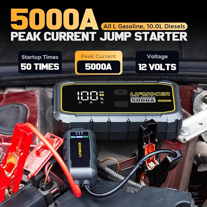 LIFMOCER 5000A Car Jump Starter-GS500 Car Battery Jump Starter for Up to ALL Gas and 10.0L Diesel Engines, 12V Portable Jump Box with Storage Case USB Quick Charge,LCD Display,for Car,Motorcycle,Truck