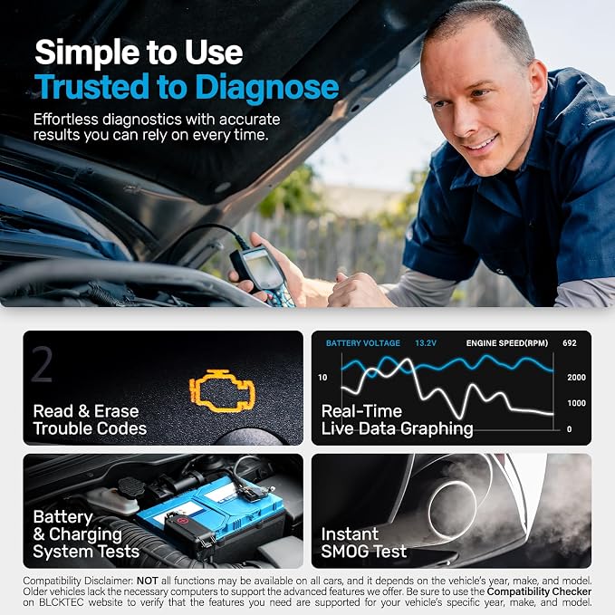 BLCKTEC 440 Bluetooth OBD2 Scanner Diagnostic Tool - Car Code Reader and Scanner for Car - Comes with Live Data - Battery/Charging System Test - Works for All OBD Compliant Cars 1996 & Newer
