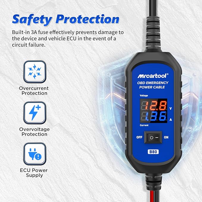 OBD II Car Memory Saver Cable 12V Vehicle ECU Emergency Power Supply Cablewith Voltage and Current Display OBD II Battery Leakage Detective Kit with 3A Fuse & 2 Alligator Clips