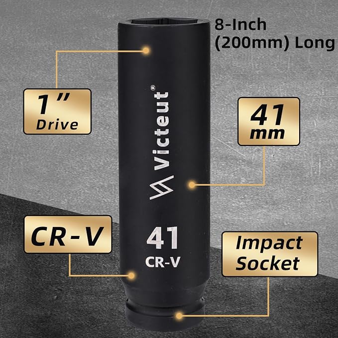 1-Inch Drive 41mm Extra Deep Impact Socket, 8-Inch (200mm) Long, 6-Point Truck & Trailer & Tractor Wheel Nut Socket, Heat Treated Cr-V Alloy Steel, One-Piece Forged, No Torque Loss