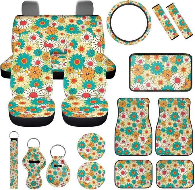 Colorful Daisy Car Accessories Set 17 Pack,Rose Car Seat Covers Full Set with Front and Rear,Car Floor Protector Pads,Steering Wheel Covers,Seat Belt Cover,Lipstick Holder Keychain