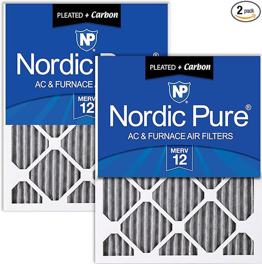Nordic Pure 25x25x1 (Actual Size: 24 1/2 x 24 1/2 x 3/4) Furnace Air Filters MERV 12 Pleated Plus Carbon 2 Pack