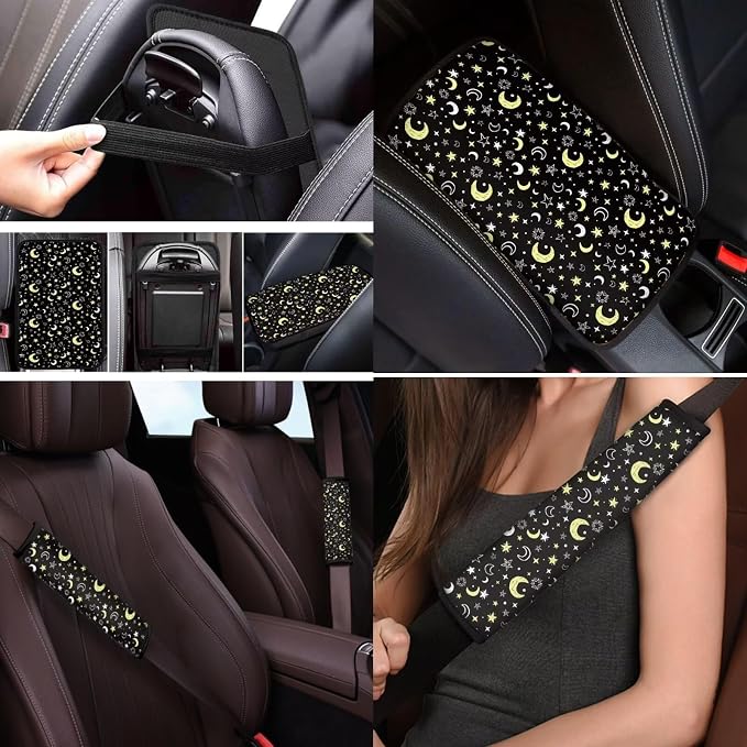 Mumeson Moon Star Car Seat Covers with Steering Wheel Cover Armrest Cover Center Console Mat Car Seatbelt Cover Shoulder Cushion Pad 8 Pack Universal Auto Interior Protector Decor Set