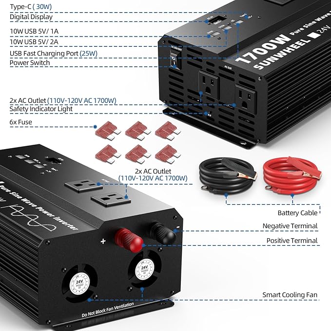SUNWHEEL 1700W 24V Pure Sine Wave Inverter, 24V DC to 110V/120V AC Power Inverter for RV、Off Grid、Truck、Power Outage with 4 AC outlets and LCD Display