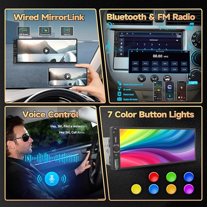 Naifay Single Din Car Stereo Wireless Apple Carplay Android Auto, 6.86 Inch Single Din Touchscreen Radio with Blueteeoth, Mirror Link, FM, EQ, SWC, Camera, Type-C Charging