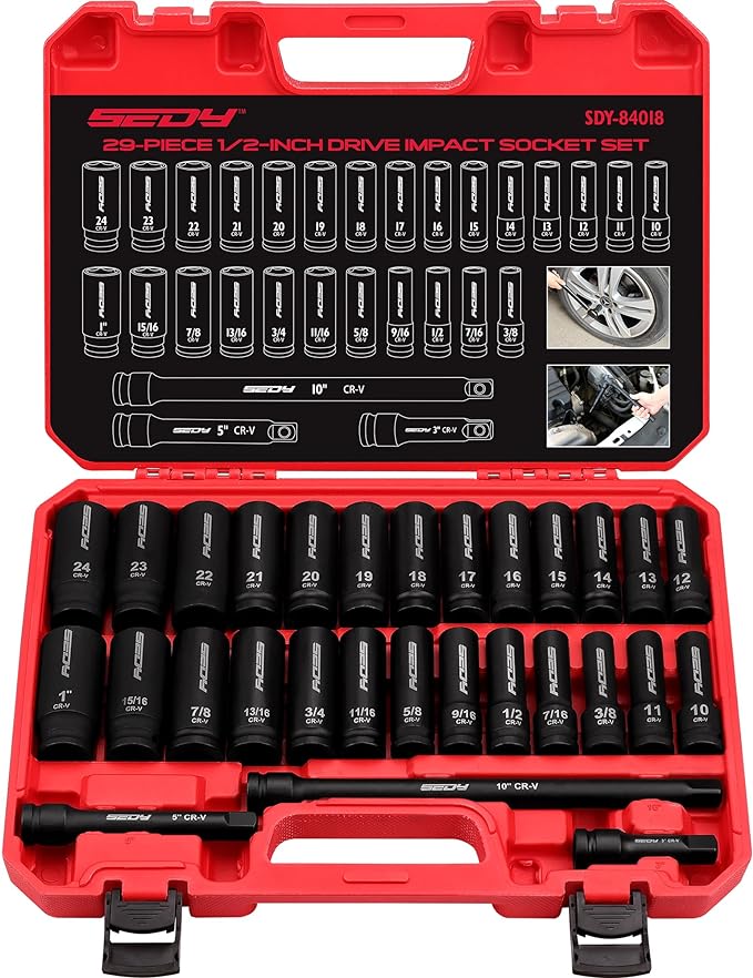 29-Piece 1/2" Drive Impact Socket Set, SAE (3/8 to 1 inch) and Metric (10-24mm) Sizes with Extension Bars Standard Deep Socket Set CR-V Material High Durability Impact Wrench