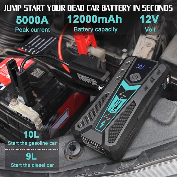 5000A Car Jump Starter, 12V Portable Car Jumper, Emergency Jump Box with LED Flashlight for Up to 10L Gas 9.0L Diesel Engine, Equipped with Hard Travel Case (Black)