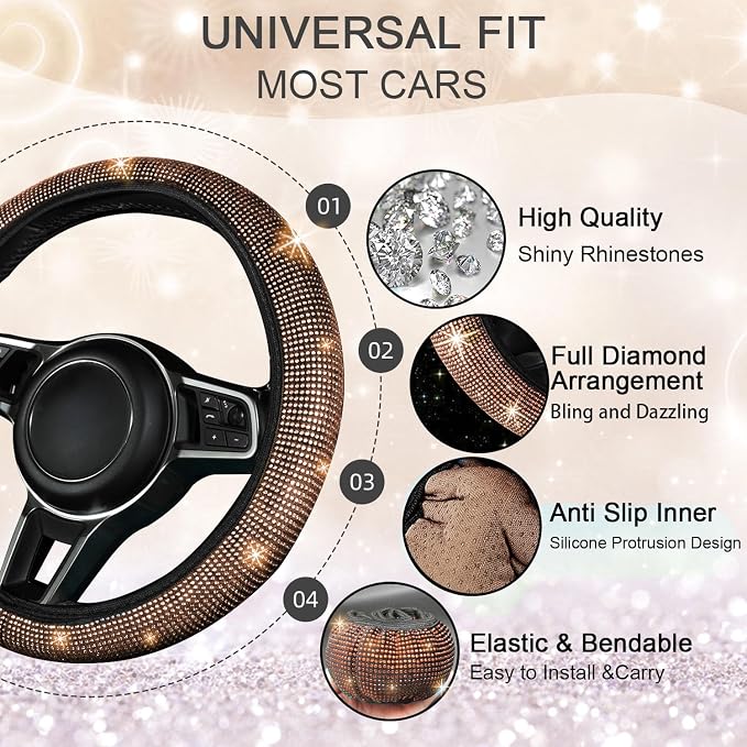 NBTEPEM 8 pcs Bling Car Accessories Set for Women, Steering Wheel Cover, Sparkly Seat Belt Covers, Bling Gear Shift Cover, Universal Fit Most Cars (Champagne Diamond)