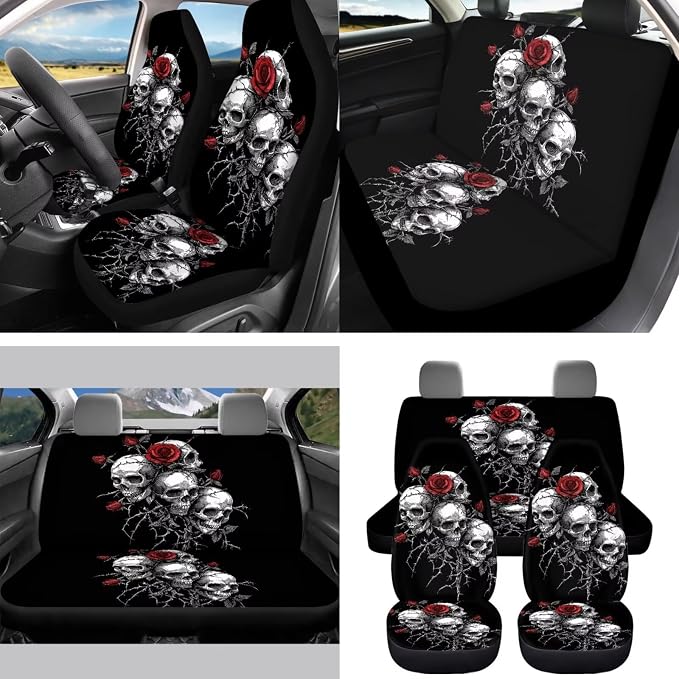 15 Pcs Rose Skeleton Car Seat Covers Full Set for Women Goth Car Accessories Interior Car Steering Wheel Cover Seatbelt Covers Trash Bin Rear View Mirror Cover Cup Holders Keychain