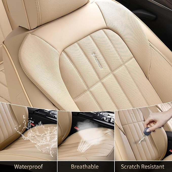 FLORICH Seat Cover, Car Seat Covers Front Set, Waterproof Leather Car Seat Protector, Front Seat Covers for Cars, Automotive Seat Covers Protector 2 Pack Fit for Most Cars Trucks SUV - Beige