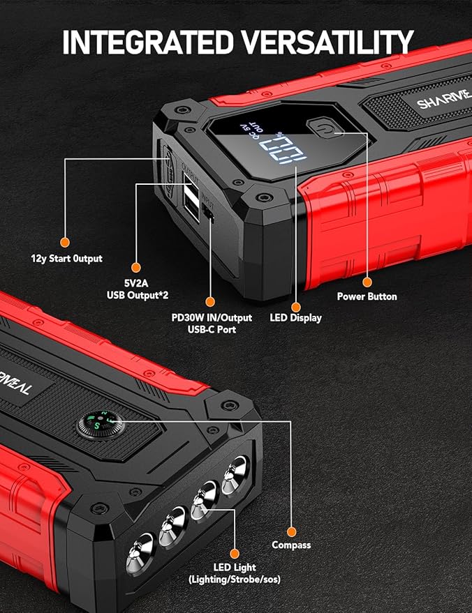 Sharmeal Car Jump Starter 7000A, Jump Starter Battery Pack with PD 30W Quick Charger, 12V Portable Jump Box (for All Gas and 12.0L Diesel) with 4 LED Light