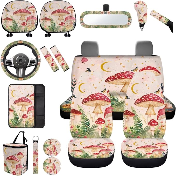 Mushroom Car Seat Covers Full Set of 17 Pcs,Starry Sky Mushroom Car Aaccessories Set with Head Rest Covers, Steering Wheel Covers,Car Trash Can with Lid Universal Auto Interior for Women