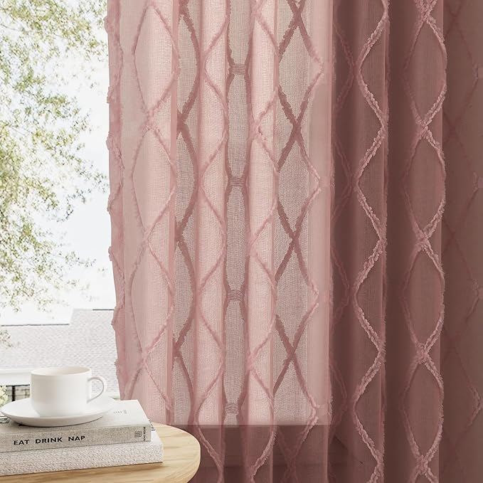 Canyon Rose Sheer Curtains 90 Inch Length for Living Room 2 Panels Back Tab Pocket Boho Farmhouse Drapes Light Filtering Privacy Embroiderd Textured Rustic Curtain for Dining Room Bedroom 52x90