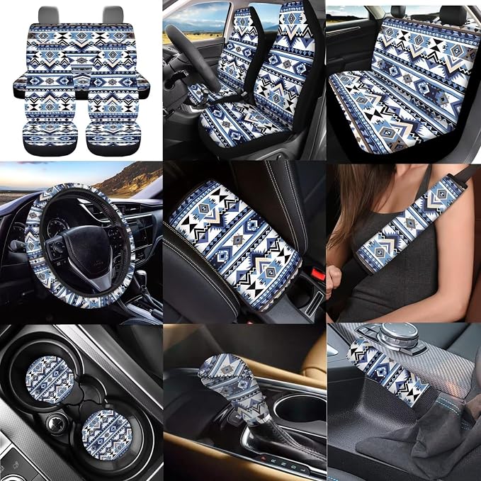 Dreaweet Southwestern Car Seat Covers Full Set Blue Ethnic Aztec Geometric Tribal Native Car Steering Wheel Cover/Center Console Cover/Seatbelt Covers/Cup Coasters/Gear Shift Cover and Handbrake Cover