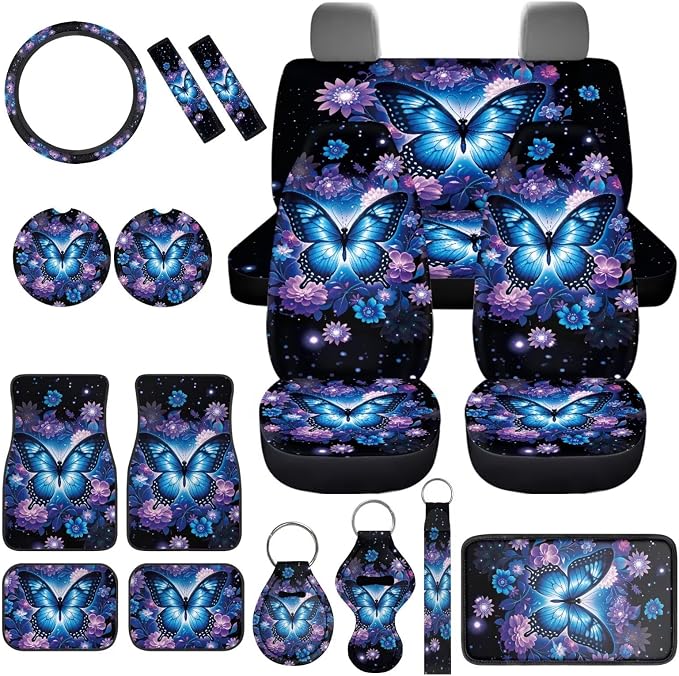 Blue Butterfly Car Seat Covers Full Set of 17 Pcs,Blue Butterfly Car Accessories with Ca Rubber Floor Mats Steering Wheel Cover Armrest Pad Butterflies Automotive Interior Sets,Universal Fit