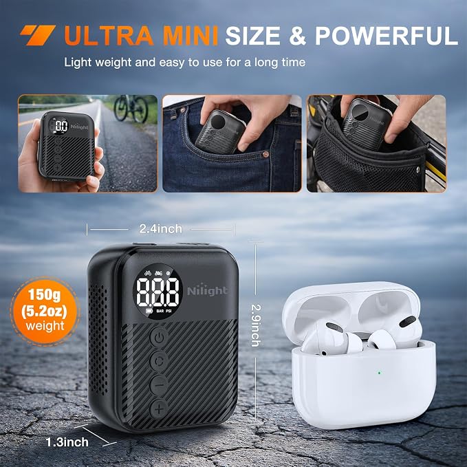 Nilight Mini Bike Pump with Gauge Fast Inflate Tiny Bicycle Air Pump Portable Air Inflator 150PSI with Presta and Schrader Valve for Road Mountain Bike E-Bike Motorcycle Ball