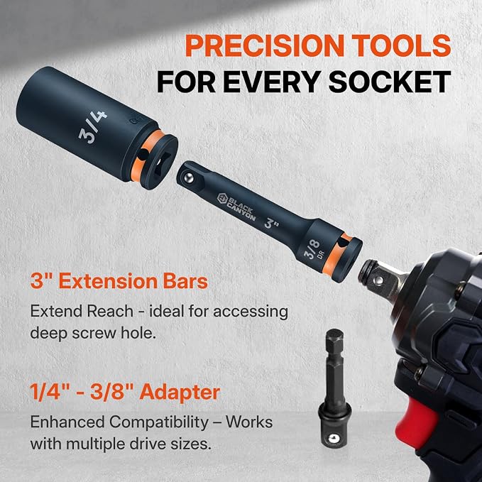 BLACK CANYON 45-Piece 3/8" Drive Impact Socket Set, SAE & Metric Deep and Shallow 6-Point Sockets, Cr-Mo Impact Grade Steel with Extension Bar, Adapter & Storage Case for Auto Repair
