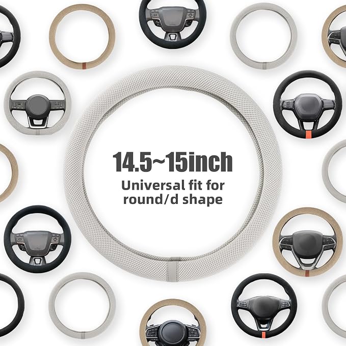 Universal 15 Inch Steering Wheel Cover for Cooling, Non-Slip Breathable Cooling Car Steering Wheel Cover with Upgraded Silicone Inner Ring for Round/D Shape, Warm in Winter Cool in Summer, White Gray