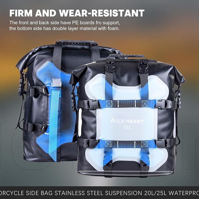 WILD HEART Motorcycle side bag stainless steel suspension waterproof bag Saddlebags 20L/25L waterproof Pianner Bag wear-resistant general-purpose Bike accessories (Grey, 25L, One Pack)