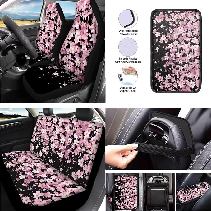 Cherry Blossom 13 PCS Car Seat Covers Classical Pink Cherry Blossoms Full Set Car Front Back Seat Cover Pink Flower Steering Wheel Cover Fit Auto SUV Trucks