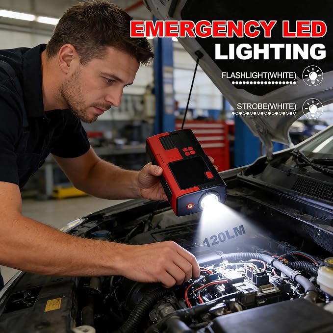 Jump Starter with Air Compressor, 5000A Tire Inflator, 16.8V Portable Jump Box with LED Light/Flashlight for 9.0L Gas/6.0L Diesel, Car Battery Jumper Starter Portable, Jumper Cables