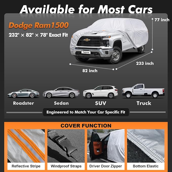 Car Cover Waterproof All-Weather,Heavy-Duty Outdoor Full Exterior Automobiles Snow Cover for Truck Cover with Camper Shell Topper 242-262 inch,with Windshield Sun Shade,Towel&Storage Bag