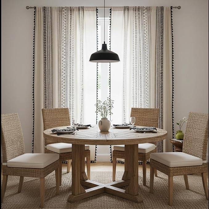 ColorBird Boho Curtains 2 Panels Modern Farmhouse Decor Black and White Striped Geometric Aztec Western Window Treatment Cream Curtain & Drapes for Living Bedroom Dining Room 63 Inch Length