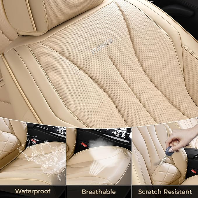 FLORICH Seat Cover, Leather Car Seat Covers Full Set, Waterproof Car Seat Protectors 5 Seats, Front and Rear Seat Covers for Cars, Automotive Seat Protector Fit for Most Sedans SUV Truck - Beige