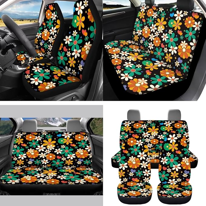 15 Pcs Hippie Flower Car Seat Cover Full Set for Women with Car Steering Wheel Cover Seat Belt Cover Trash Bin Front Rear View Mirror Car Cup Holder Keychain