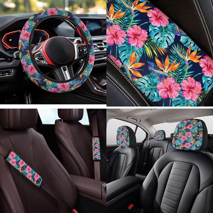 Bulopur Tropical Hibiscus Floral Car Seat Covers Full Set with Steering Wheel Cover Universal Center Console Cover Breathable Seat Belt Pads 14 Piece Automotive Interior Accessories Set