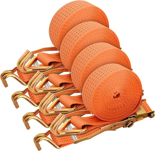 4 Pack-2" x20' Ratchet Straps, Double J Hook Heavy Duty Cargo Strap, 11000LBS Breaking Strength, Standard Tie Downs Ratcheting Strap for Cargo Vans, Trucks, Trailers - Orange