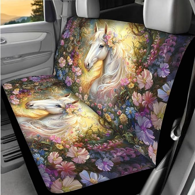 Beautiful White Horse Car Interior Accessories Set for Women, Car Seat Cover Full Set with Automotive Steering Wheel Cover Auto Center Console Pad Seat Belt Pads