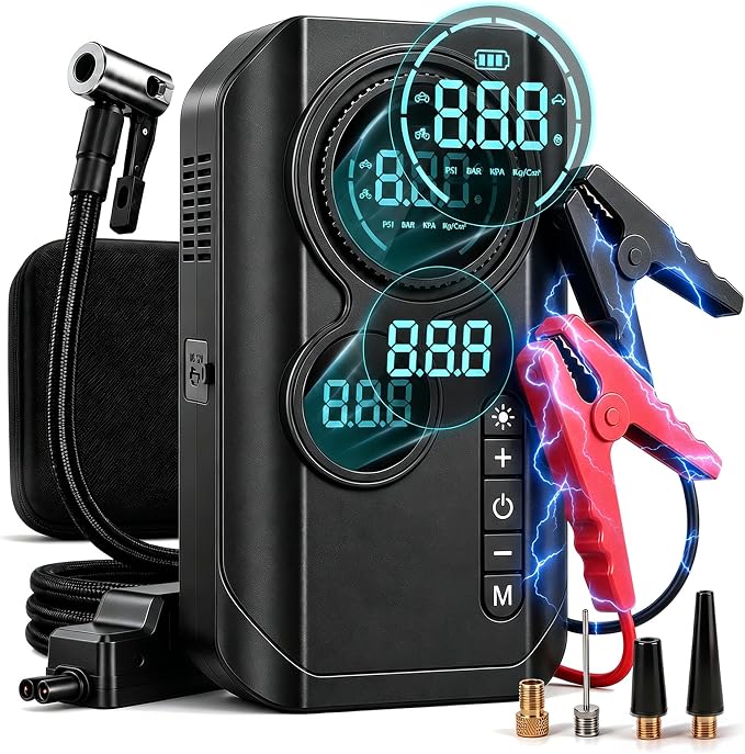 9000A Jump Starter with Air Compressor, 12V Car Battery Jumper Starter with 150PSI Tire Inflator Air Pump Portable (All Gas/10L Diesel), All-in-One Jump Box with LED Light, Power Bank, Large Display