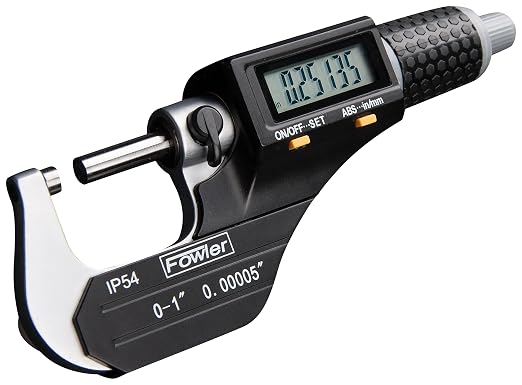 Fowler 54-860-001-1, Digital Coolant Resistant Micrometer with 0-1"/25mm Measuring Range, Flat Anvil & Spindle, Black/Gray