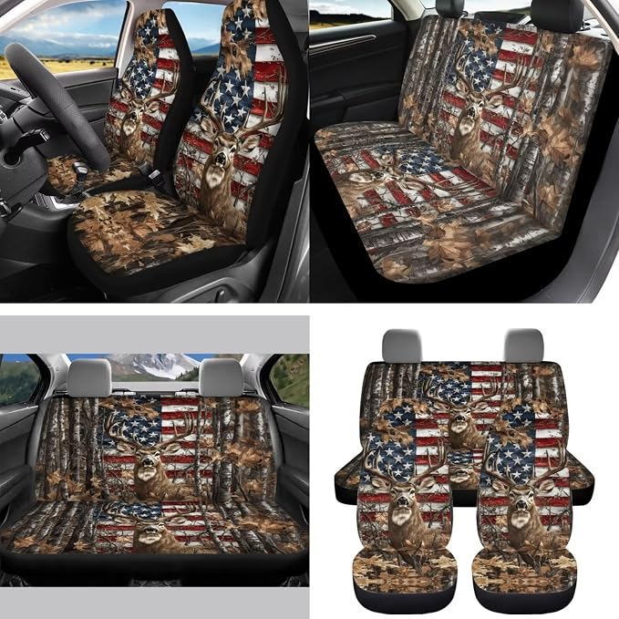 15 Pcs American Flag Deer Car Seat Covers Full Set for Women Cute Car Accessories Interior Car Steering Wheel Cover Seatbelt Covers Trash Bin Rear View Mirror Cover Cup Holders Keychain