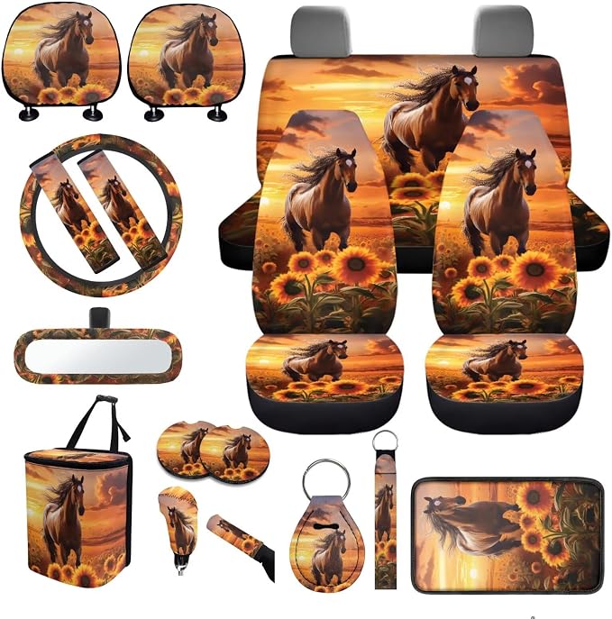 Horse Sunflower Car Accessories Full Set 18 Pcs Brown Horse Car Seat Covers Full Set Steering Wheel Car Covers Seat Belt Pads Cover Vehicle Trash Bag Armrest Box Pad Universal Fit