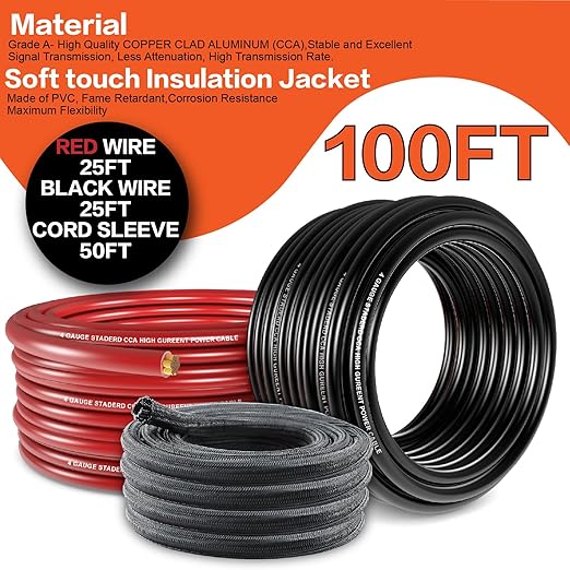 4 Gauge Wire(25ft Each - Red/Black) Copper Clad Aluminum CCA Automotive Wire with 50ft 1/2" Cable Sleeve - Ideal for Car Audio, Solar, Auto, RV, Marine Power & Ground Cables